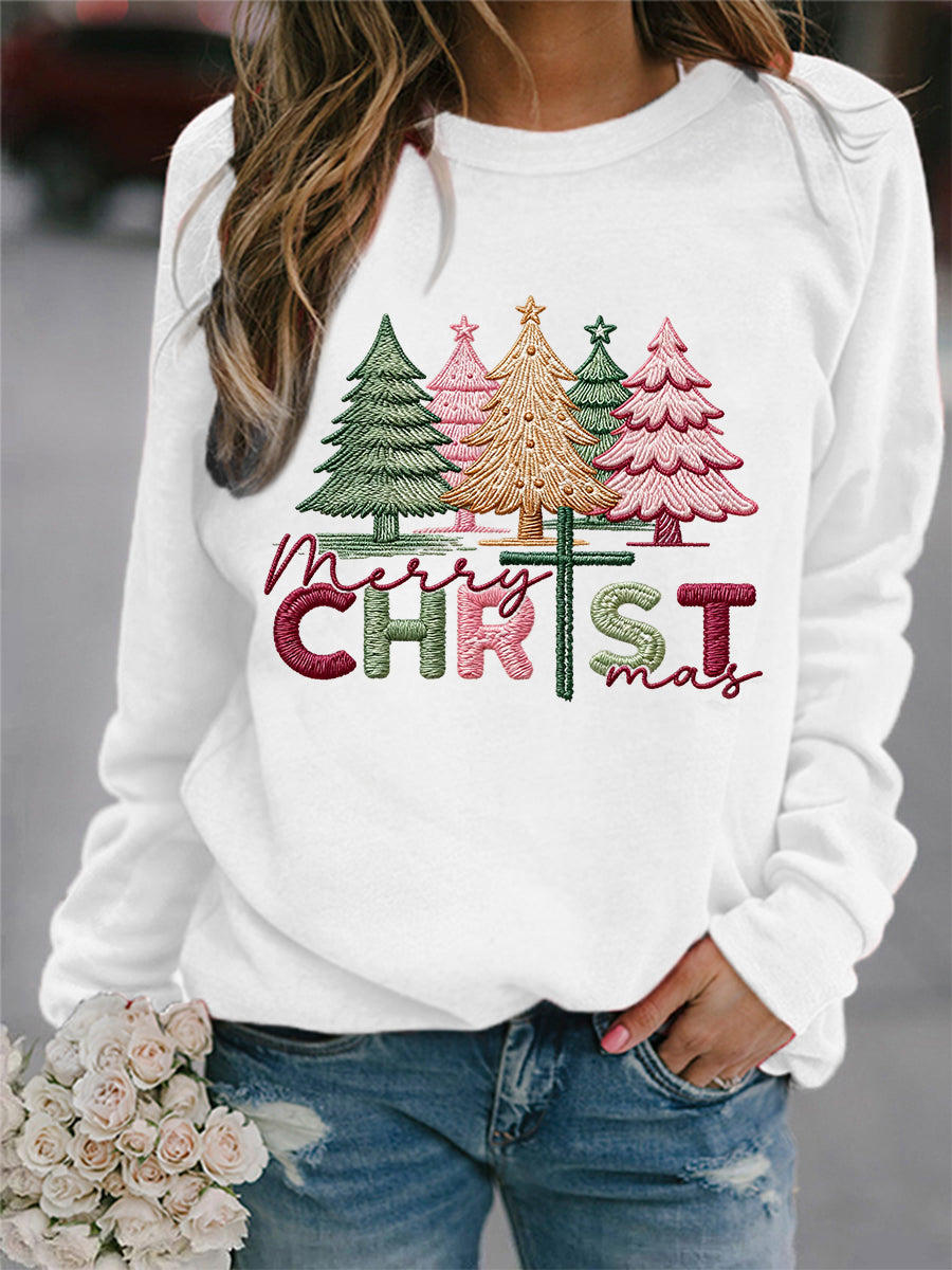 Women's Merry Christmas Pink Christmas Tree Print Casual Sweatshirt