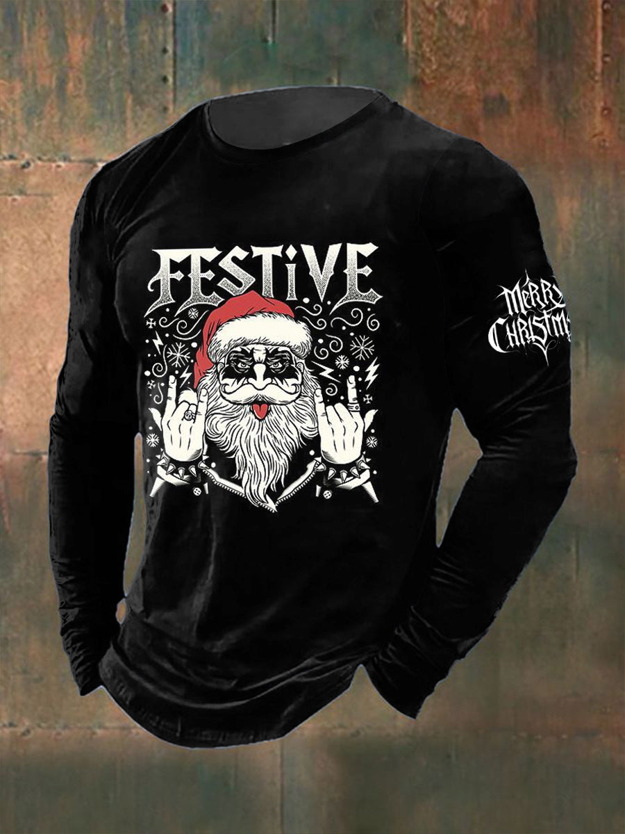 Men's Gothic Santa Claus Printed Long Sleeved Round Neck T-shirt