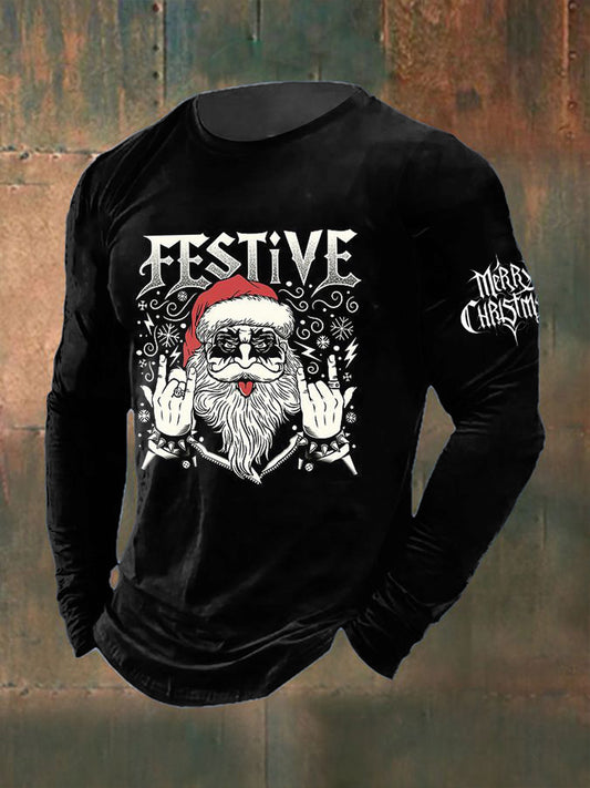 Men's Gothic Santa Claus Printed Long Sleeved Round Neck T-shirt