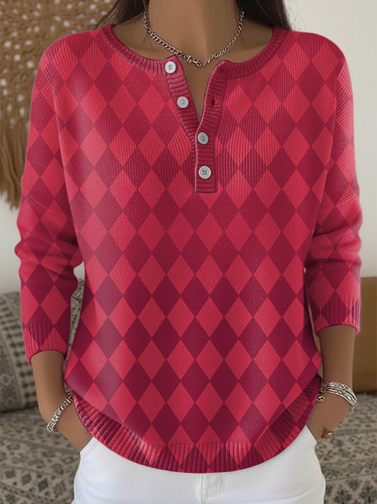 Women's Christmas Diamond Pattern Henley neck sweater