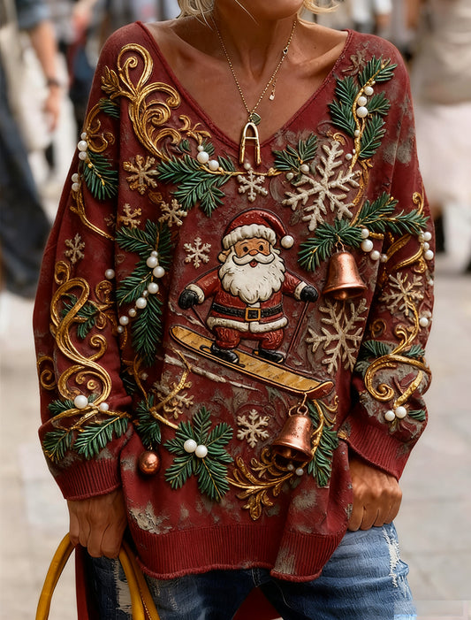 Women's Vintage Christmas Art Print Cozy Knit Top