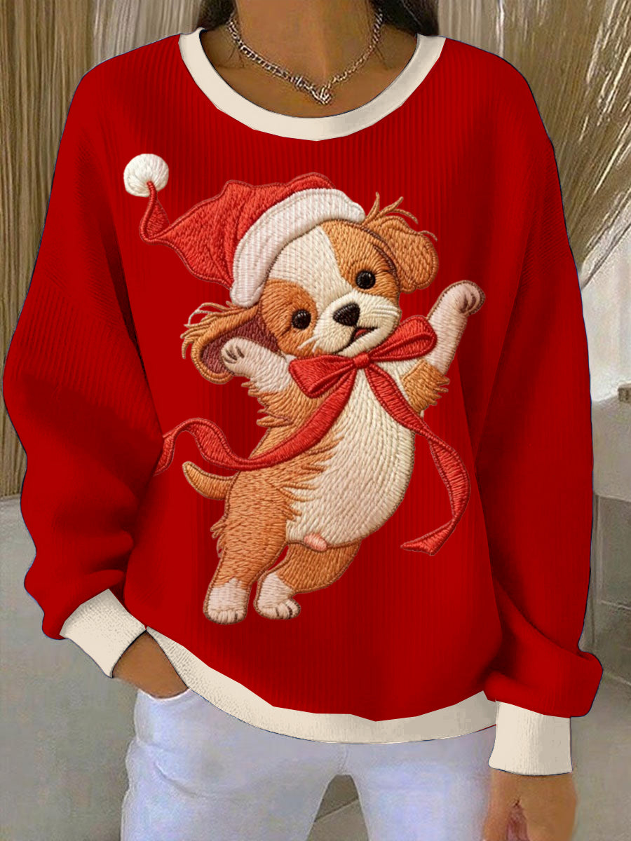 Women's Christmas Embroidered Dog Loose-Fit Crewneck Pullover