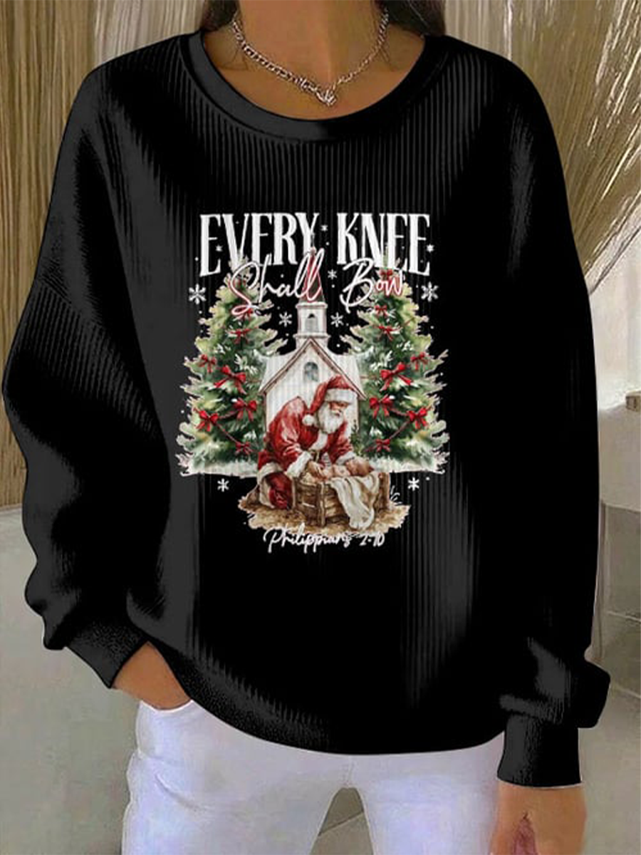 Women's Christmas combined with faith print  Ribbed Round-Neck Sweatshirt
