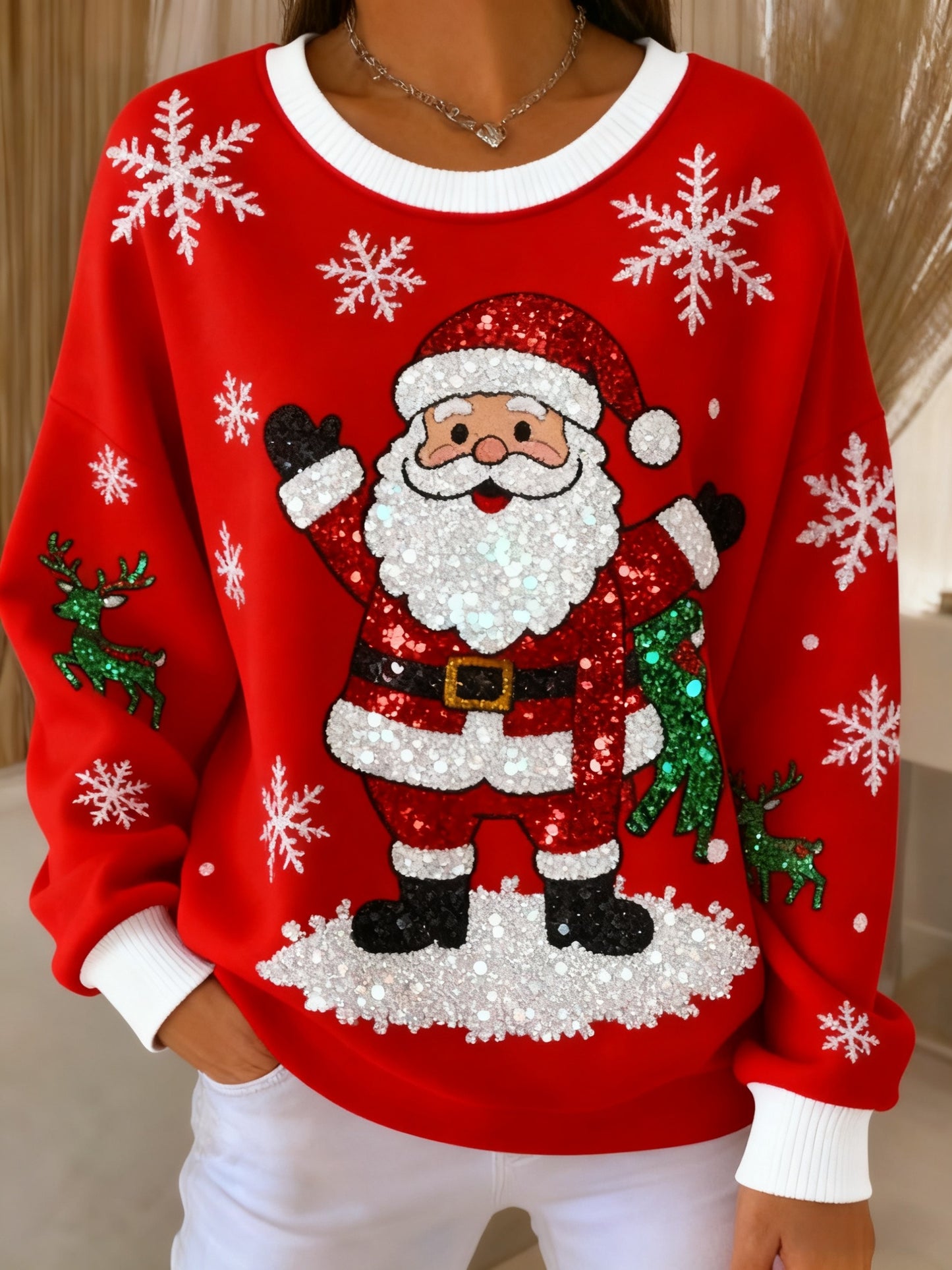 Retro Christmas Glitter Santa Claus Printed Casual Loose Long Sleeve Top