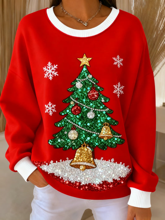 Retro Christmas Sequin Christmas tree Printed Casual Loose Long Sleeve Top