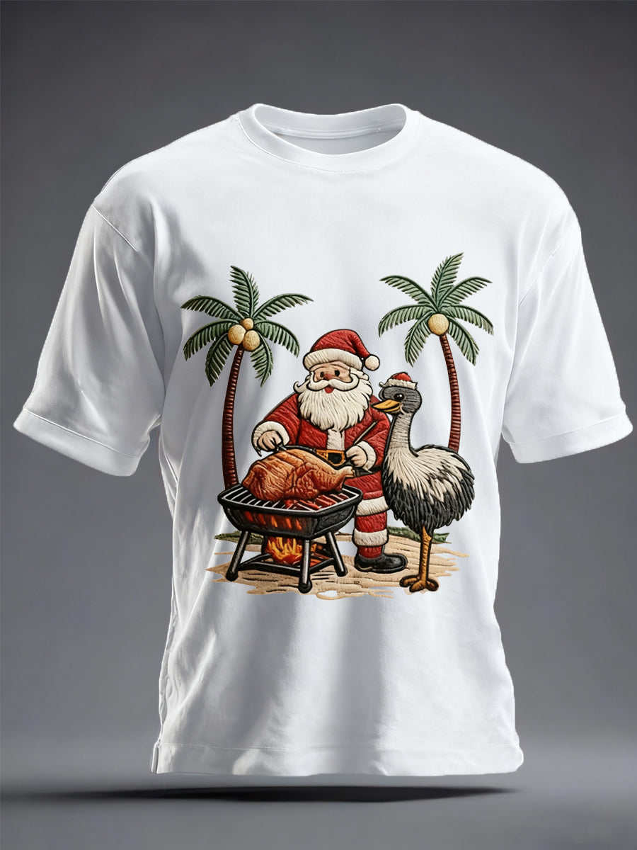 Men's Vintage Tropical Santa Claus Print Christmas Tee