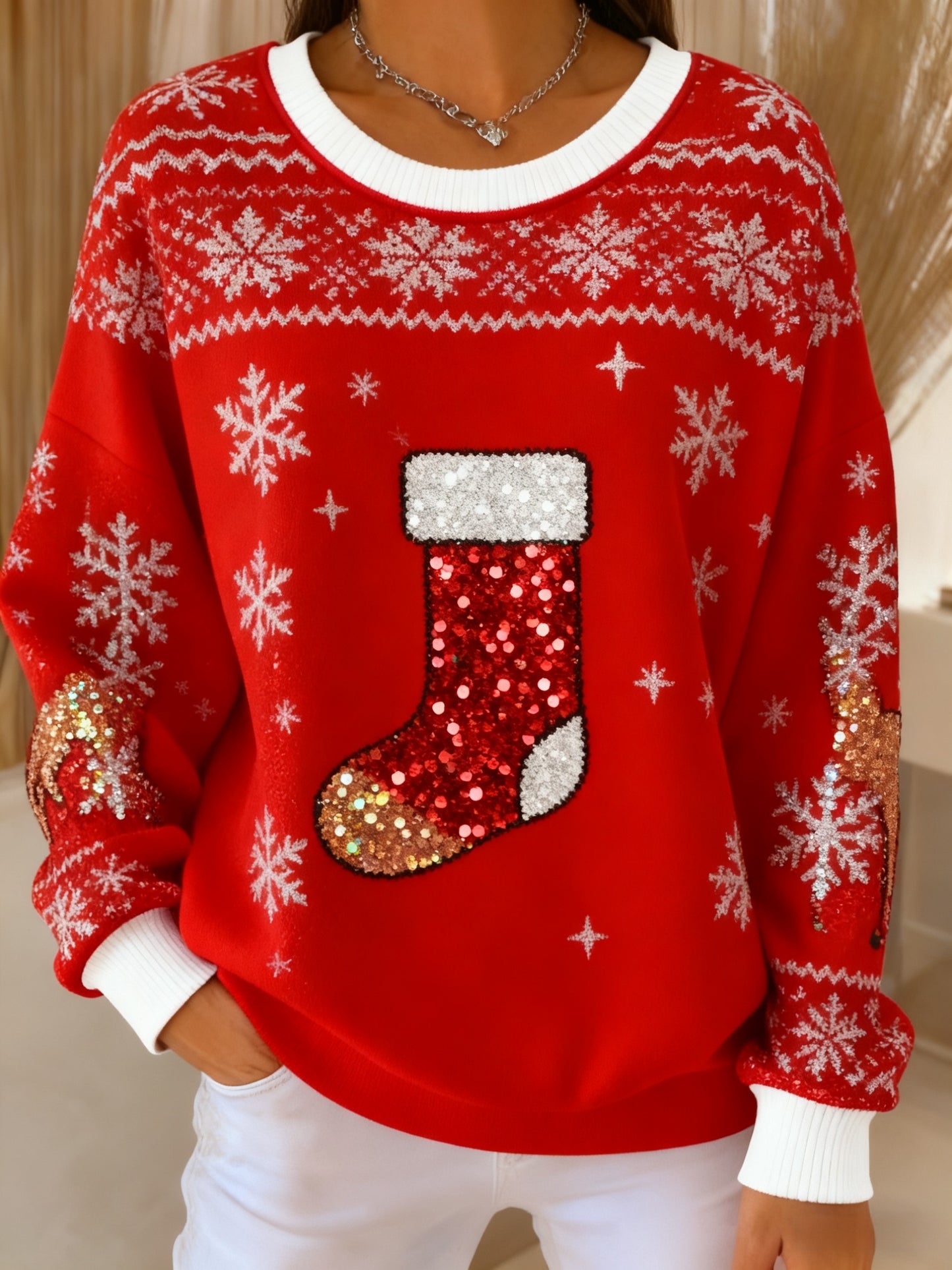 Retro Christmas sequinned stocking Printed Casual Loose Long Sleeve Top