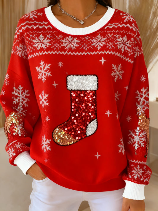 Retro Christmas sequinned stocking Printed Casual Loose Long Sleeve Top