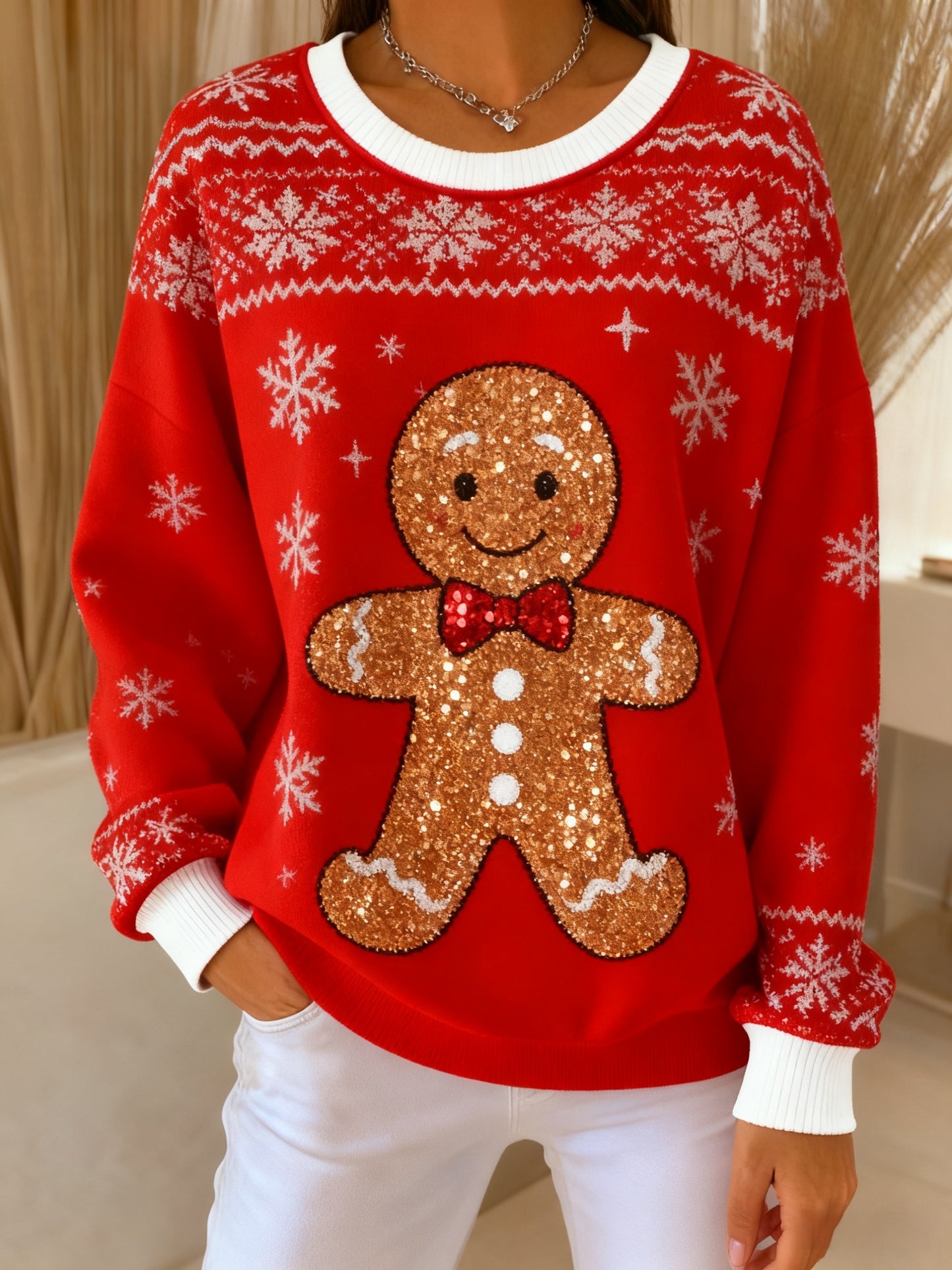 Vintage Christmas Glitter Gingerbread Man Printed Casual Loose Long Sleeve Top
