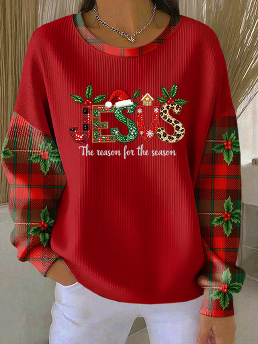 Women's Christmas combined with faith print Ribbed Round-Neck Sweatshirt