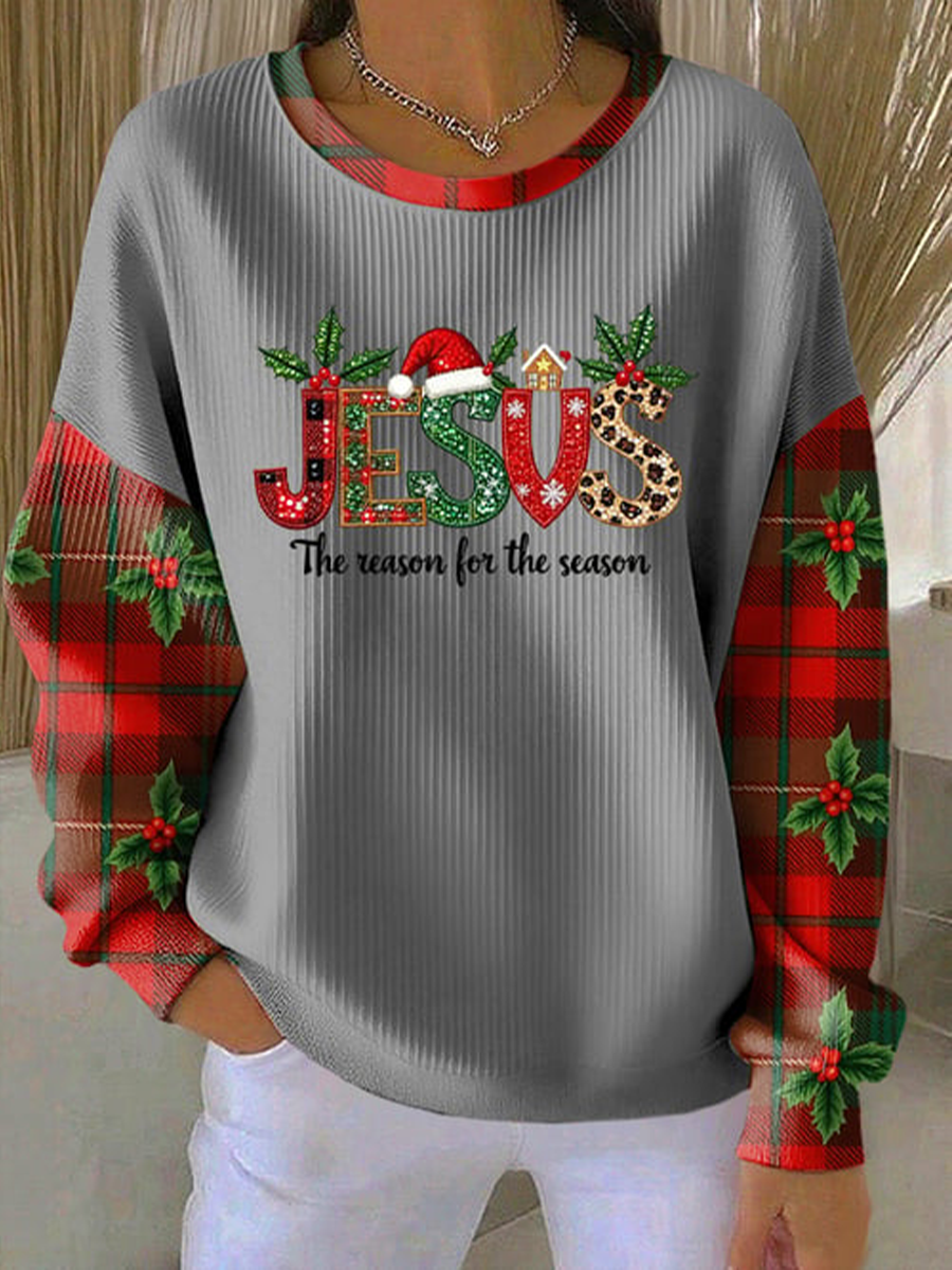 Women's Christmas combined with faith print Ribbed Round-Neck Sweatshirt