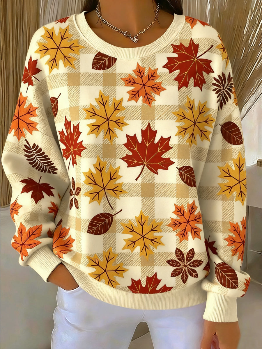 Women's Thanksgiving Maple Leaf Plaid Artistic Crewneck Pullover