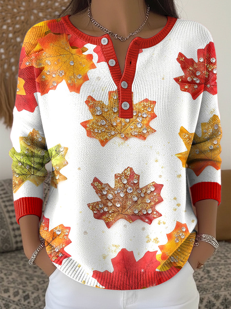 Women's Thanksgiving Colorful Maple Leaf Art V-Neck Top