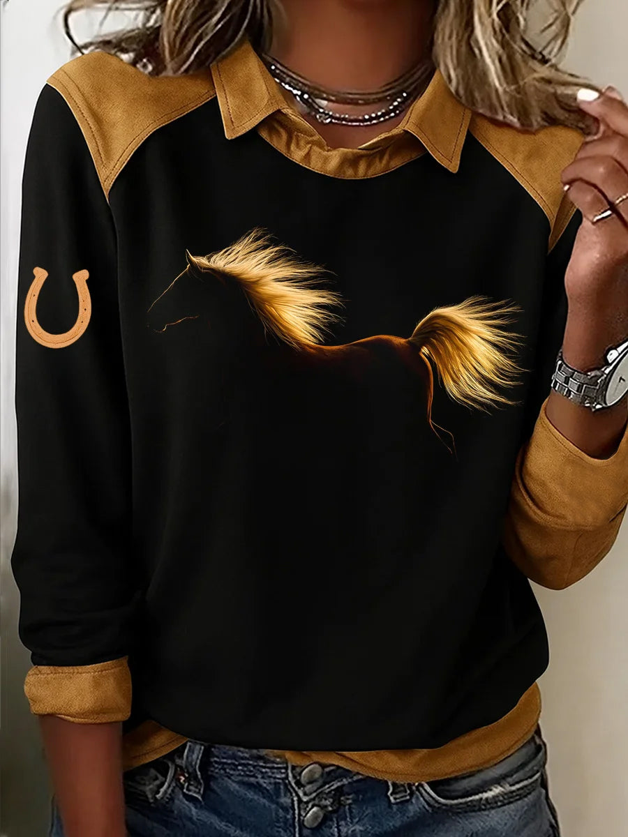 Women's Retro Horse Print Horse Lovers Casual Sweatshirt