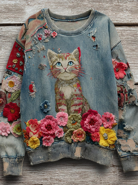 Women's Vintage Patchwork Flower Cat Art Print  Sweatshirt