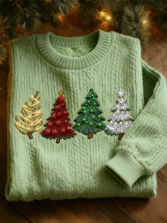 Women's Glitter Christmas Tree Embroidered Cozy Knit Sweater