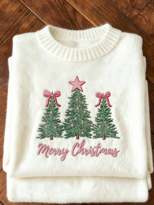 Women's Christmas Tree Embroidered Cozy Knit Sweater