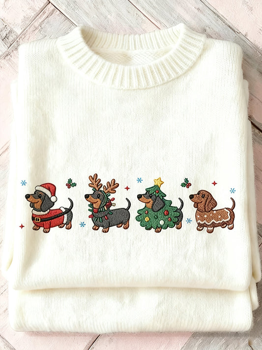 Women's Merry Christmas Cute Dog Christmas Tree Art Print Sweater
