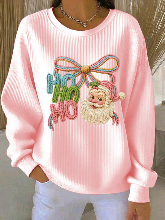 Women's Christmas Ho Ho Santa Claus Art Ribbed Round-Neck Sweatshirt