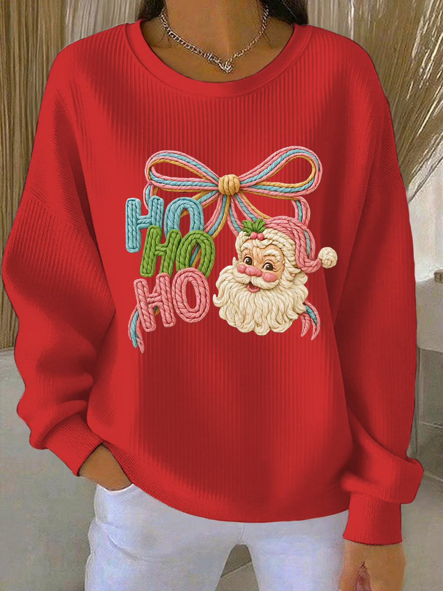 Women's Christmas Ho Ho Santa Claus Art Ribbed Round-Neck Sweatshirt