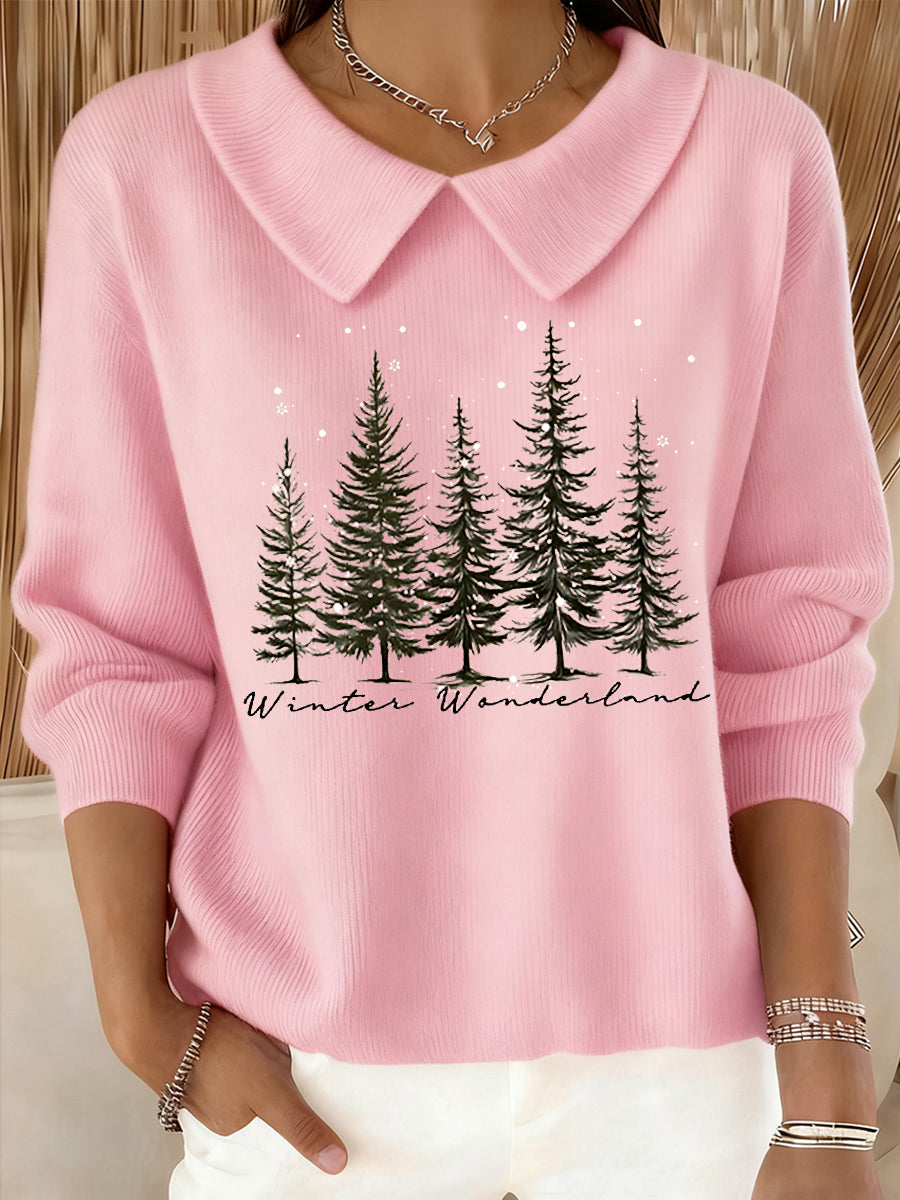 Women's  Christmas Winter Wonderland Christmas Tree Printed Baby Doll Collar Top