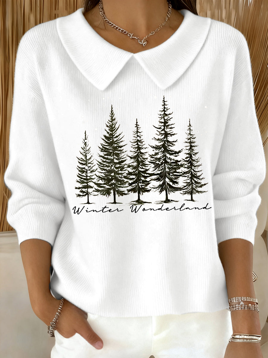 Women's  Christmas Winter Wonderland Christmas Tree Printed Baby Doll Collar Top