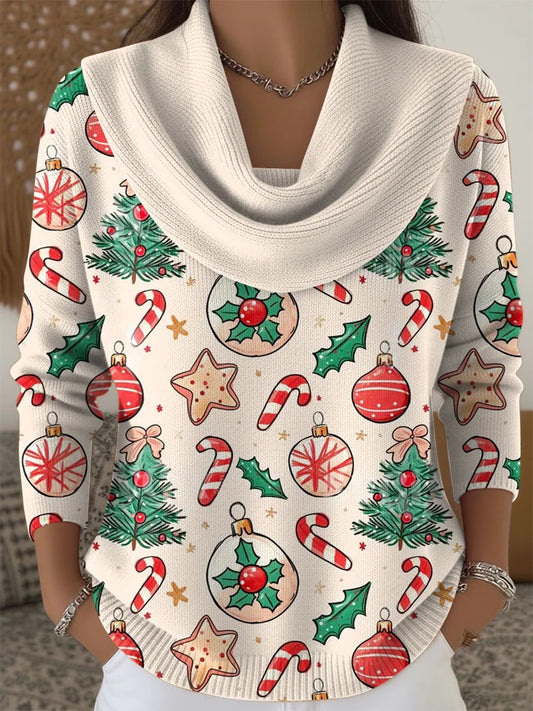 Retro Christmas Colour Block Multicoloured Art Print Cowl Neck Sweater