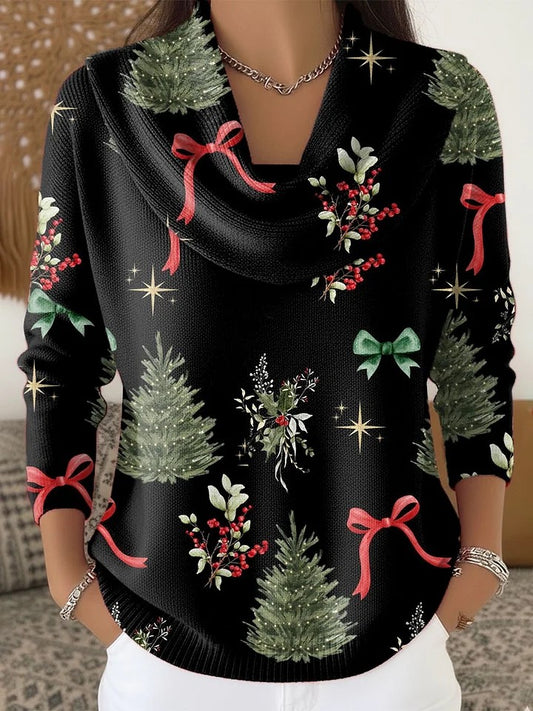 Women's Retro Christmas Art  Print Cowl Neck Sweater