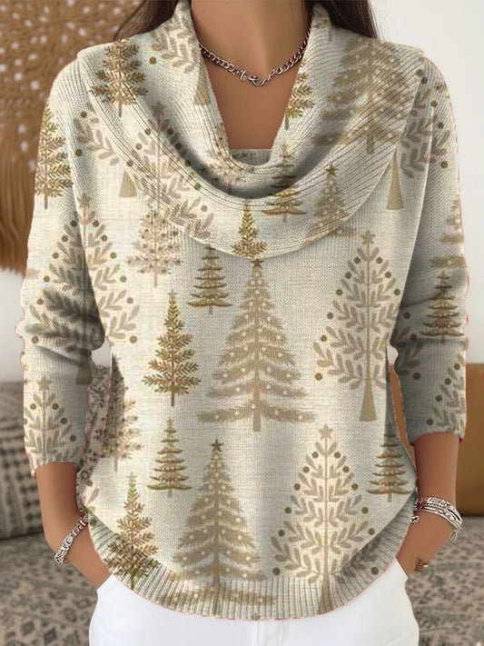 Women's Retro Christmas Art  Print Cowl Neck Sweater