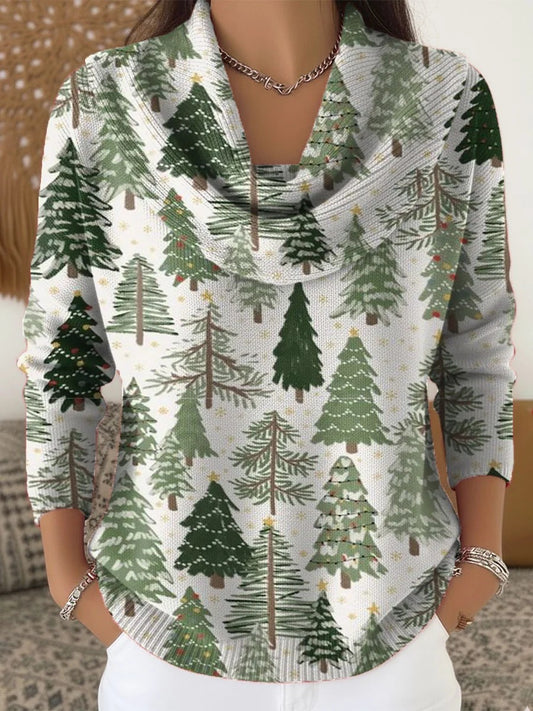Women's Retro Christmas Art  Print Cowl Neck Sweater