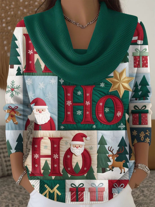 Retro Christmas Colour Block Multicoloured Art Print Cowl Neck Sweater
