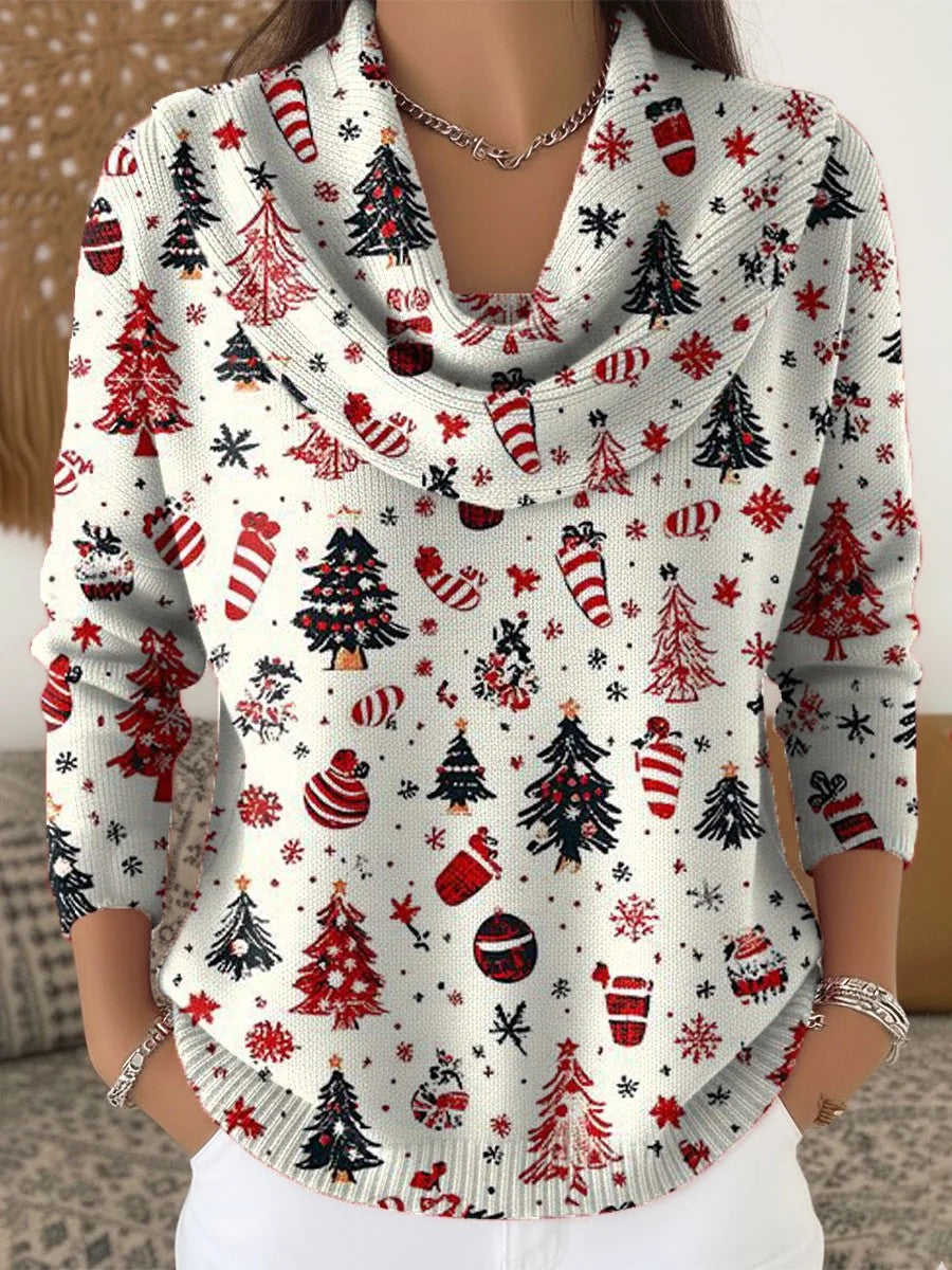 Women’s Retro Christmas Art Print Cowl Neck Sweater Apricot / S
