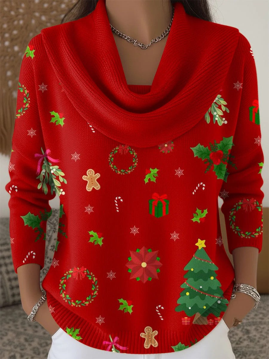 Women's Retro Christmas Art Print Cowl Neck Sweater