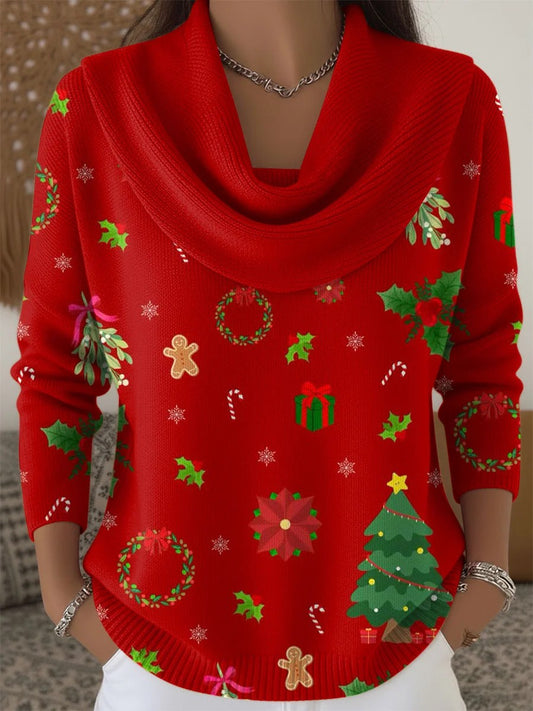 Women's Retro Christmas Art  Print Cowl Neck Sweater