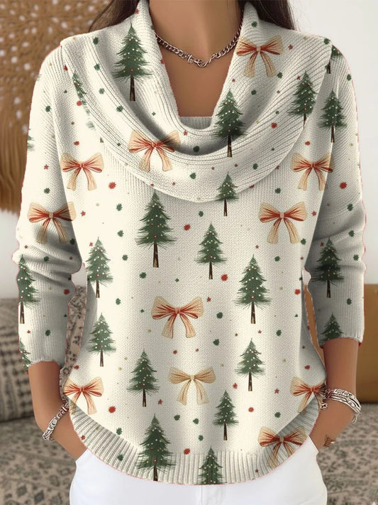 Women's Retro Christmas Art  Print Cowl Neck Sweater
