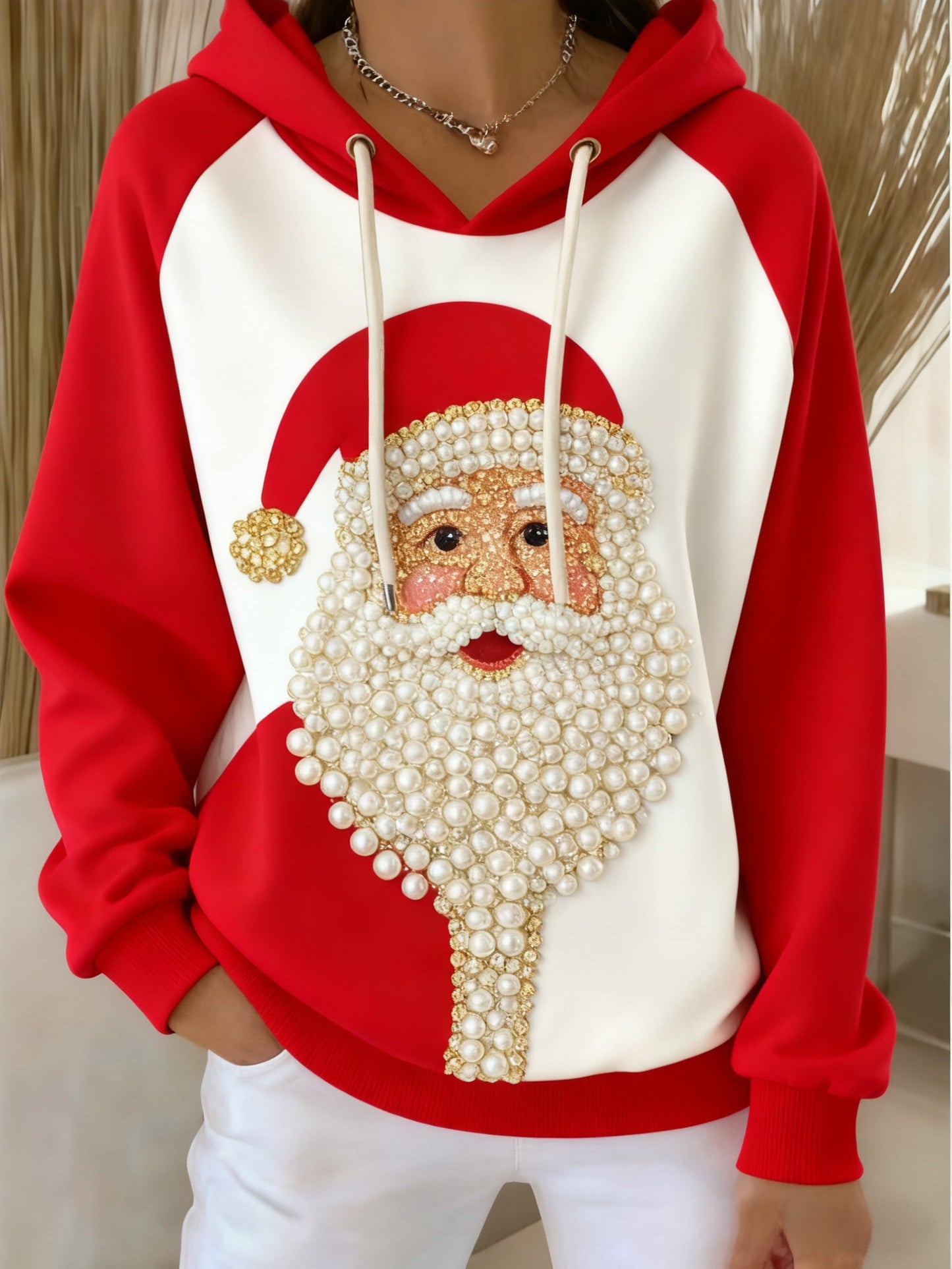 Retro Christmas Diamond & Pearl Santa Print Hooded Sweatshirt