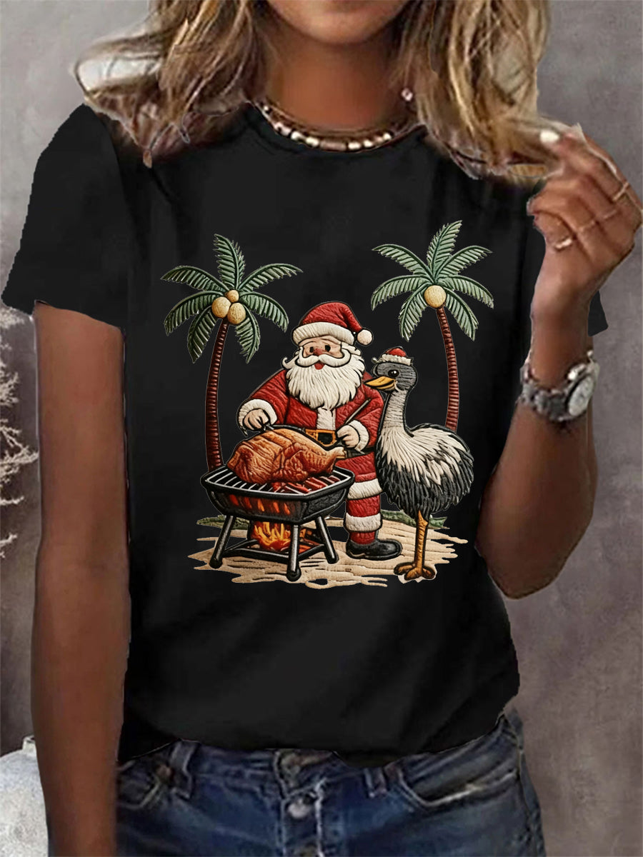 Women's Vintage Tropical Santa Claus Print Tee