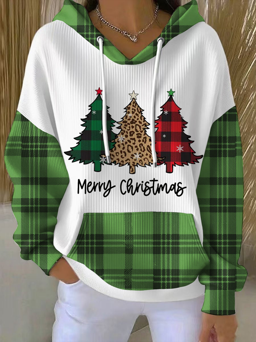 Women's Plaid Christmas Tree Print Casual Hoodie