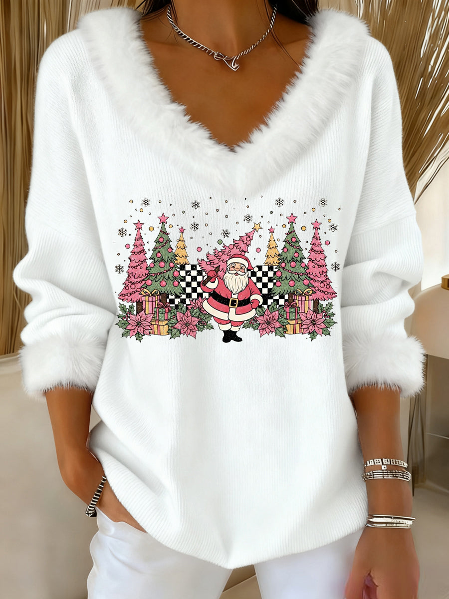 Women's Christmas Tree Print Casual Fur Collar Top