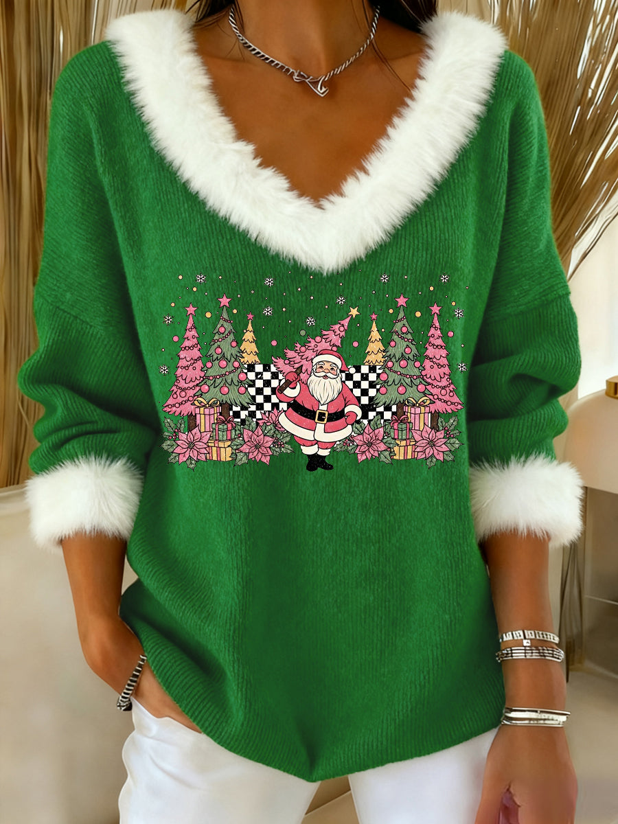 Women's Christmas Tree Print Casual Fur Collar Top