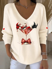 Women’s Santa Claus sitting on a wine glass V-Neck Ribbed Top Beige / S