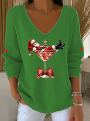 Women’s Santa Claus sitting on a wine glass V-Neck Ribbed Top Green / S