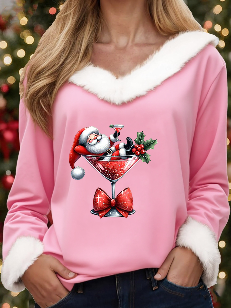 Women's  Santa Claus sitting on a wine glass Printed Tops
