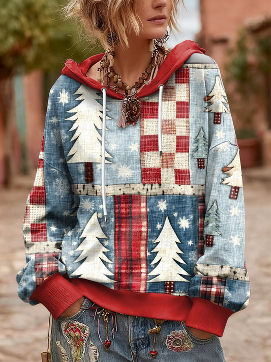 Women's Christmas Tree Patchwork Hooded Sweatshirt