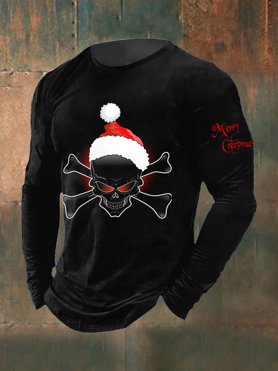Men's Christmas Skull Printed Long Sleeved Round Neck T-shirt