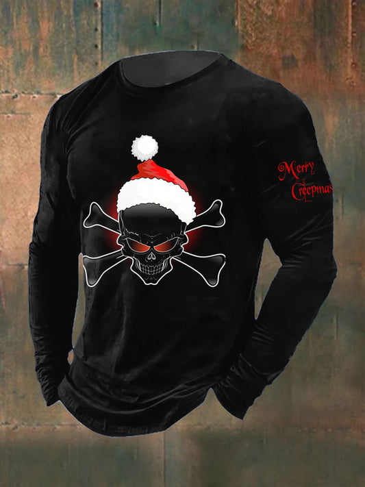 Men's Christmas Skull Printed Long Sleeved Round Neck T-shirt