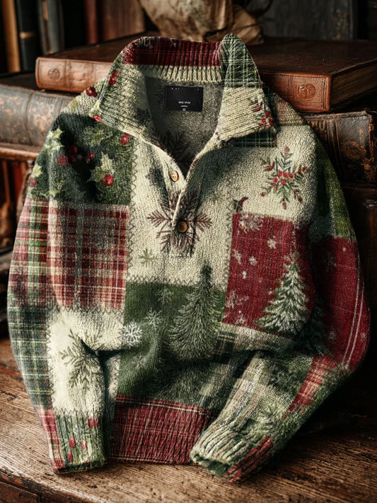 Men's Vintage Christmas Patchwork Art Print Button Stand Collar Hoodie