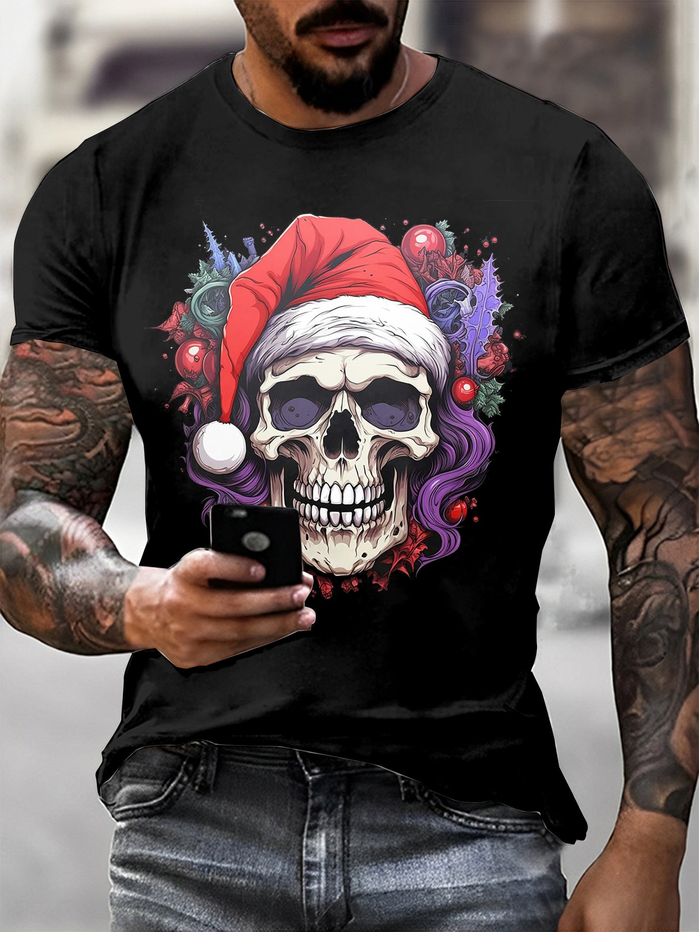 Christmas Skull Printed Vintage Fashion Loose Short Sleeve T-Shirt