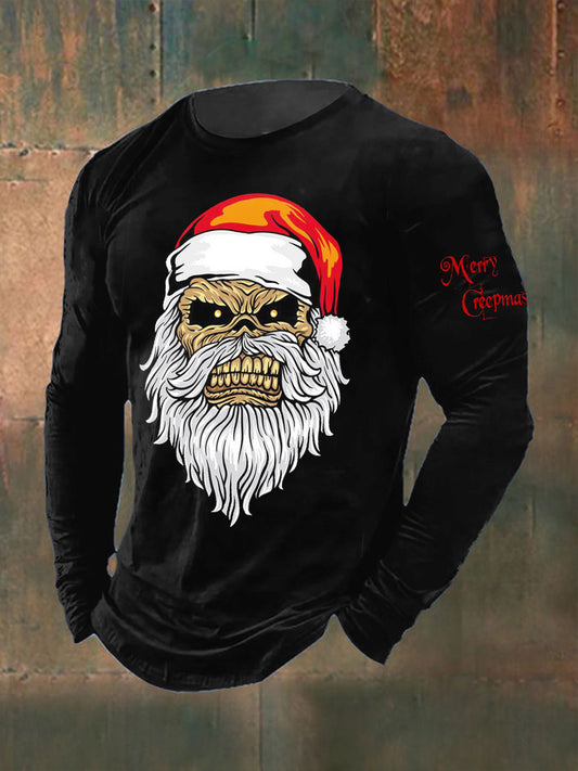 Men's Christmas Skull Printed Long Sleeved Round Neck T-shirt