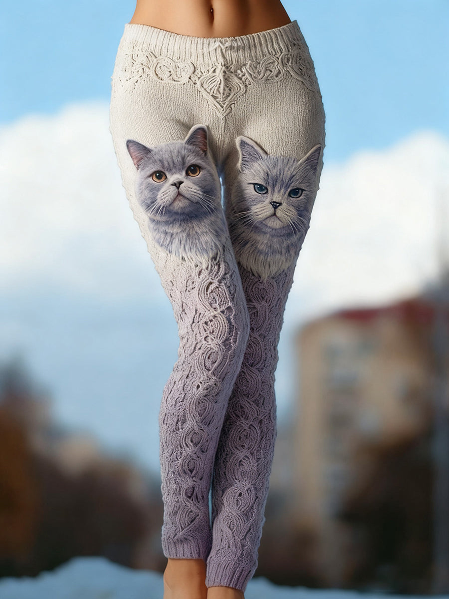 Women's Vintage Cat Art Knit Cozy Leggings
